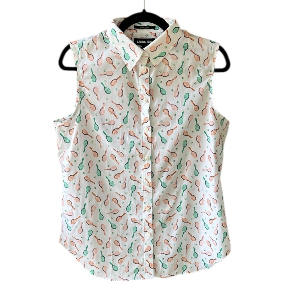 Land’s End Like New 12 No Iron Sleeveless Button Down Shirt Racquets Novelty